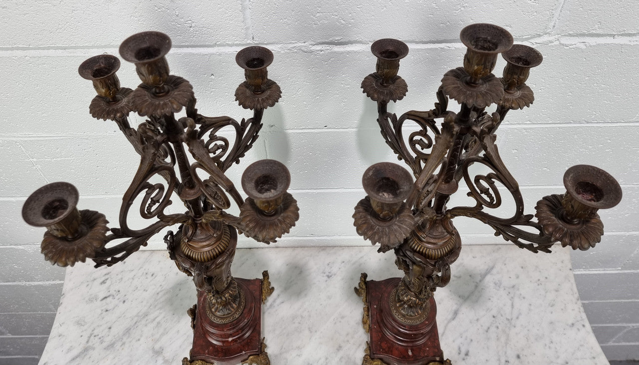 Pair of decorative Antique French spelter and marble candelabras. in very good original detailed condition.