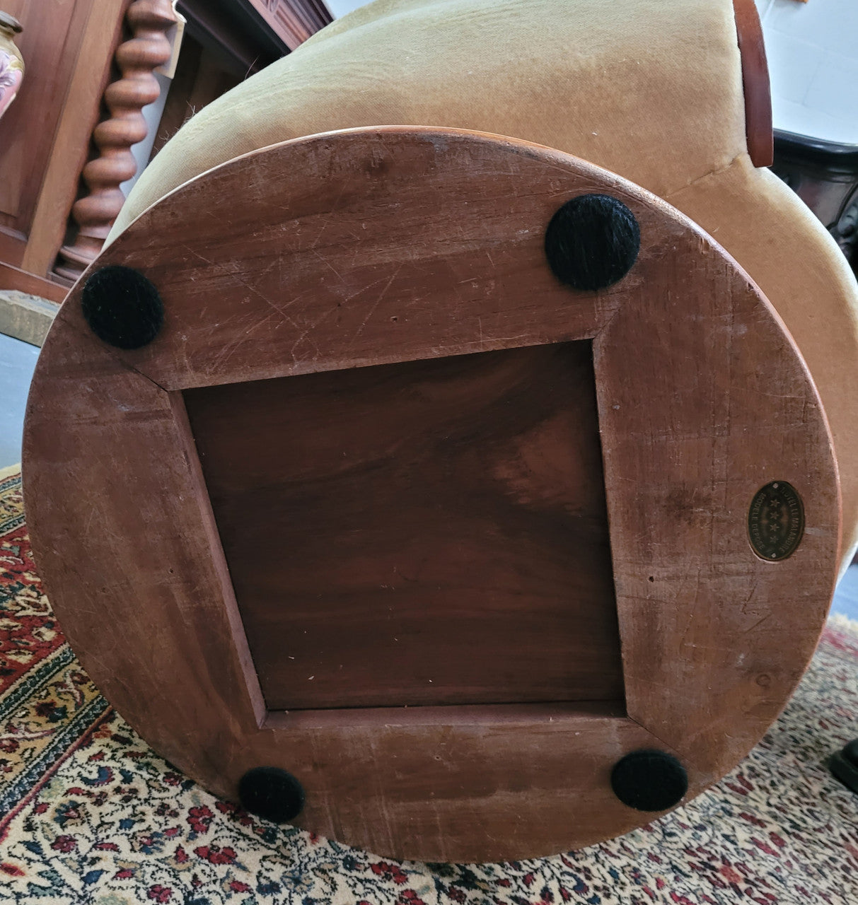 Four stunning original Art Deco Tulip shaped salon lounge chairs made specifically for the Hotel Le Malandre, Belgium in the 1930’s. They are marked with a metal tag “Hotel Le Malandre Modele Depose” Burl Walnut, Walnut and gold coloured velvet upholstery and rest on a thick wooden circular base it has been sourced in France and in good original condition. Included in the set is the accompanying Art Deco Walnut with glass top side table also made for Hotel Le Malandre and marked with the metal tag. Absol