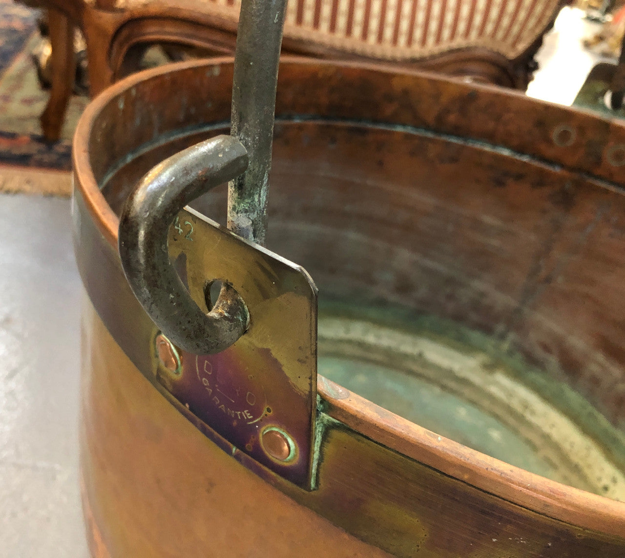 French Antique Copper pot with a lovely brass band and has a handle in good original condition.