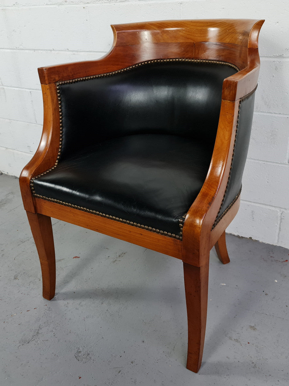 Antique Empire style Walnut and leather office desk chair. In good original detailed condition and leather is in good used condition.