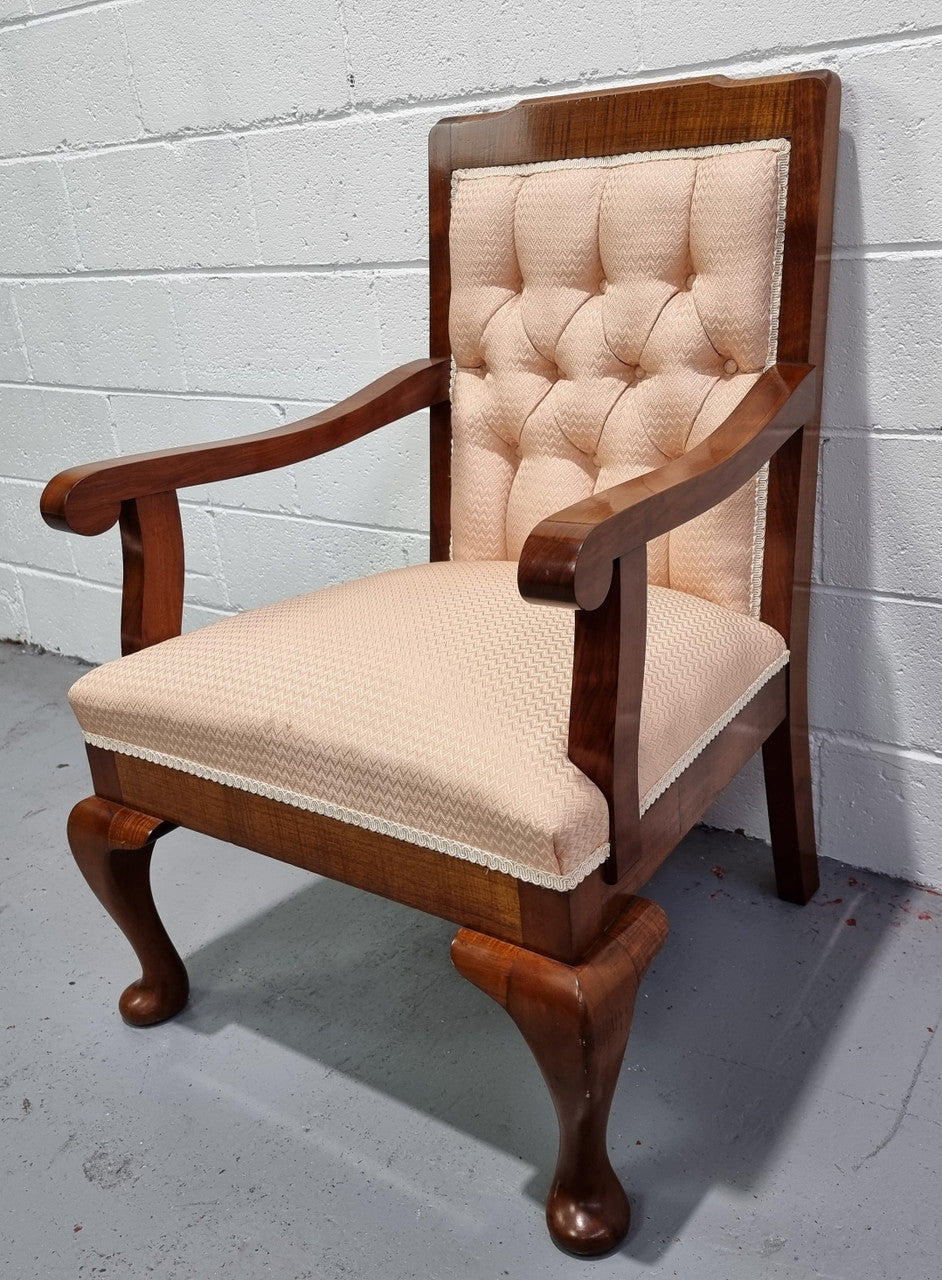 Australian Fiddleback Blackwood upholstered armchair with queen anne legs. In good original condition.