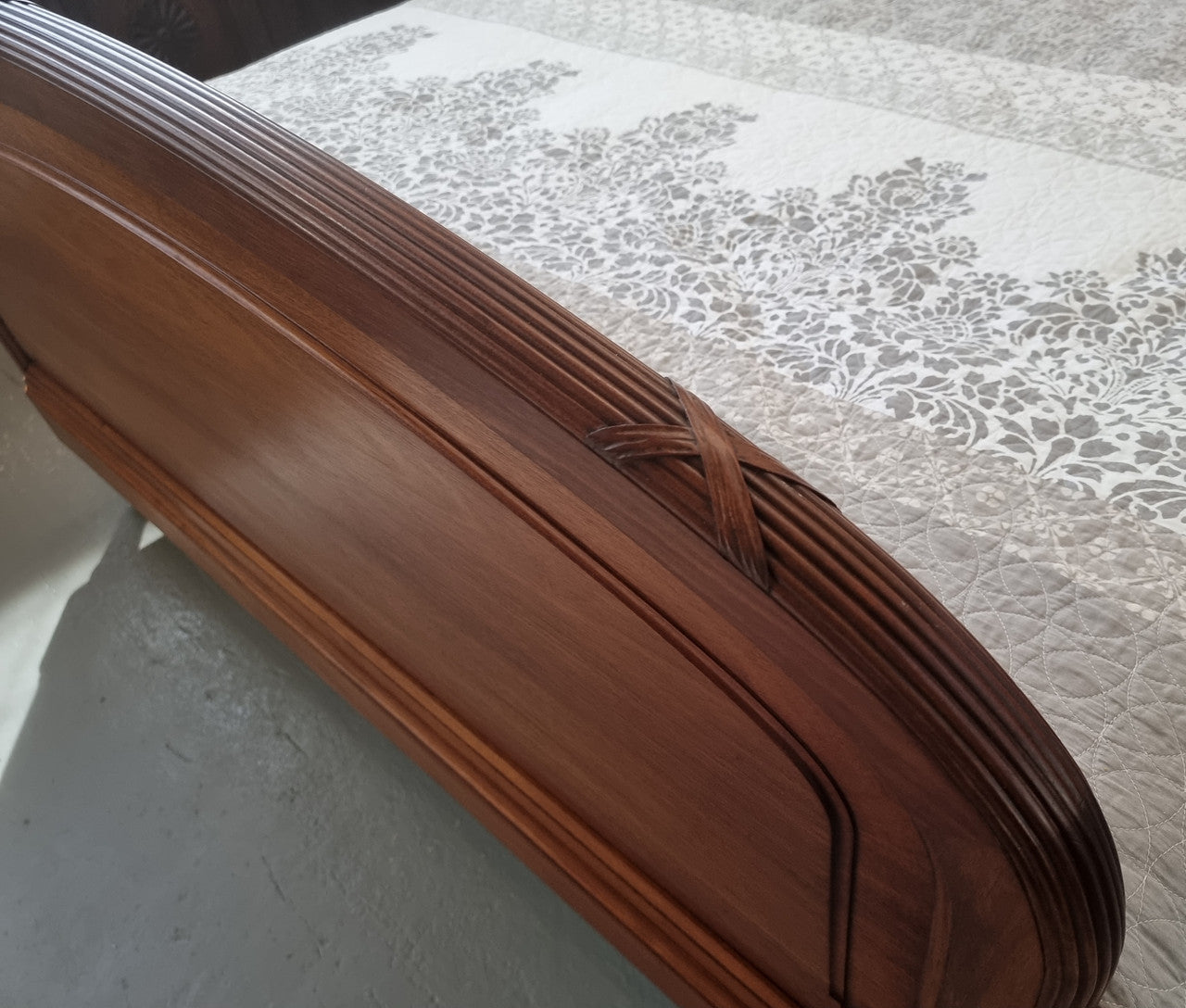 Fabulous French Walnut queen size bed with lovely detail and comes with custom made slates. It is in good original detailed condition.