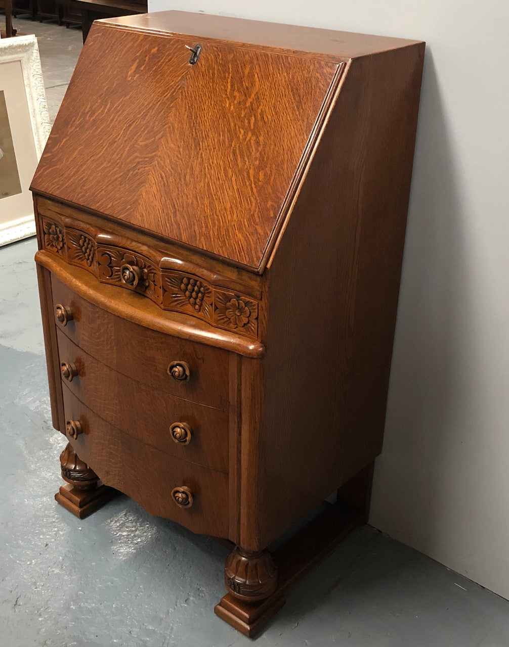 Tudor Style Oak Drop Down Writing Desk for sale at Moonee Ponds Antiques showroom in Airport West