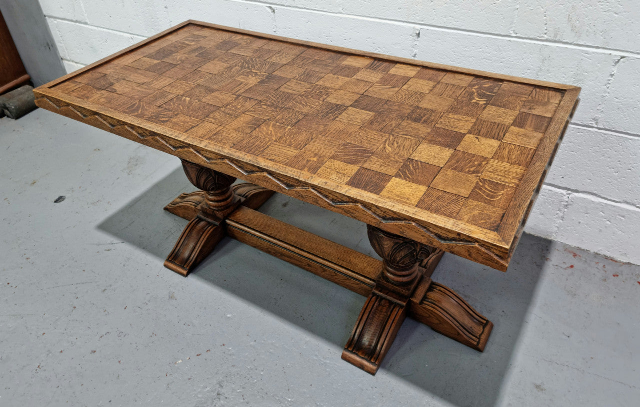 Amazing French Oak solid parquetry top coffee table. Great size and in very good original detailed condition.