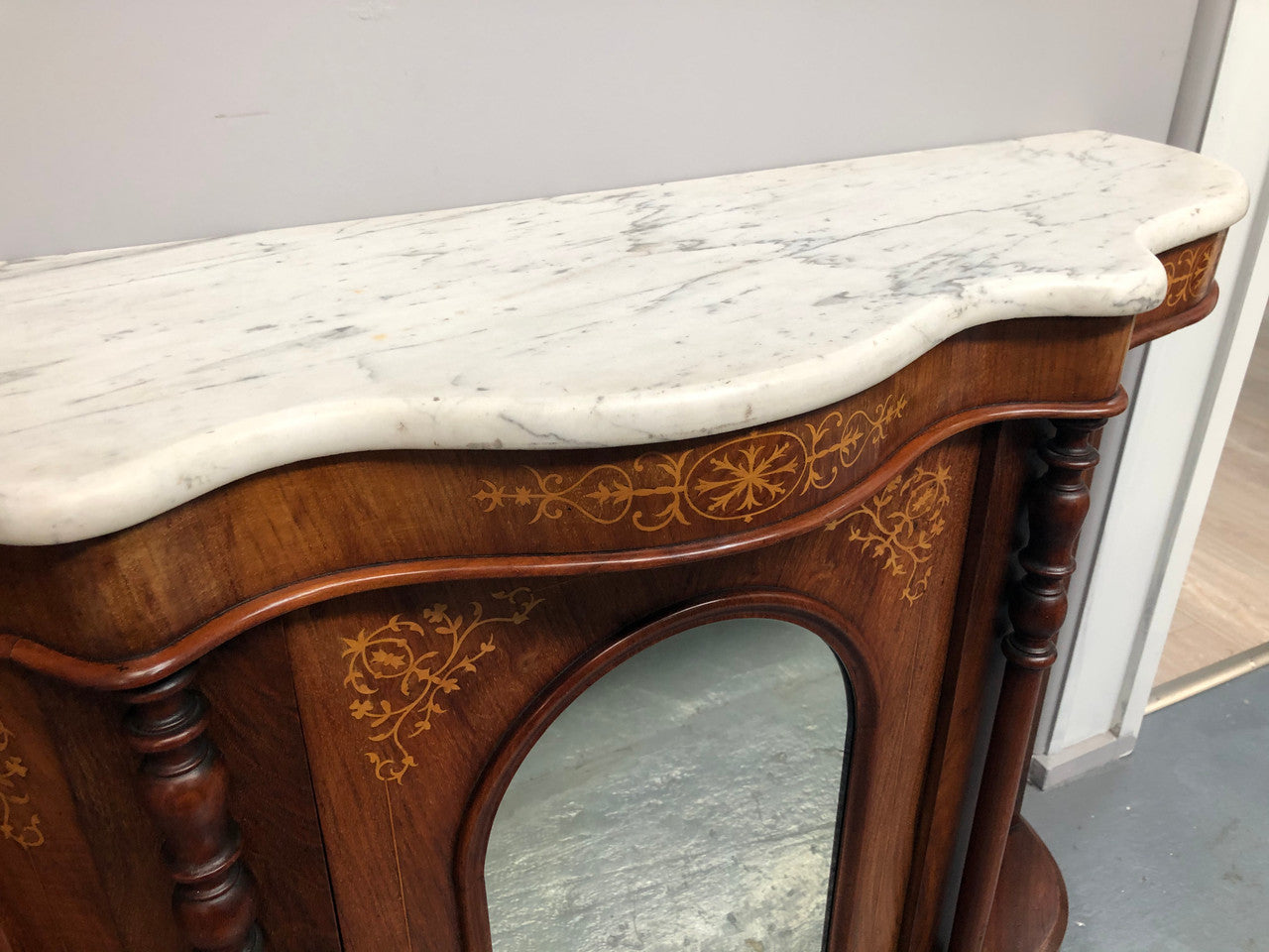Petite Victorian Marble Top Sideboard-Credenza With Beautiful Marquetry Inlay