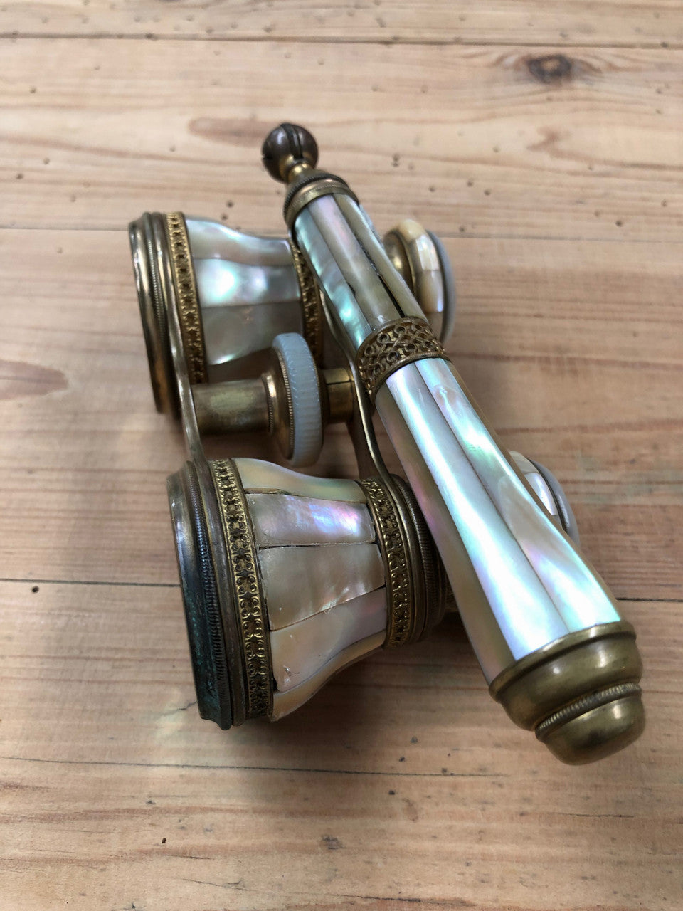 Rare Pair of French Mother of Pearl And Gilt Metal Telescopic Opera Glasses