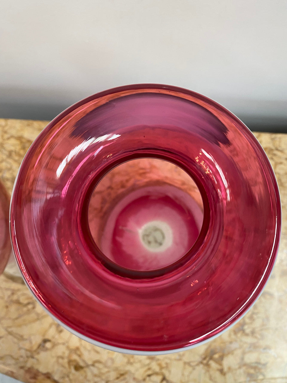 Pair of large Edwardian Ruby & Milk art glass vases. Handmade and in good condition. Circa 1900.
