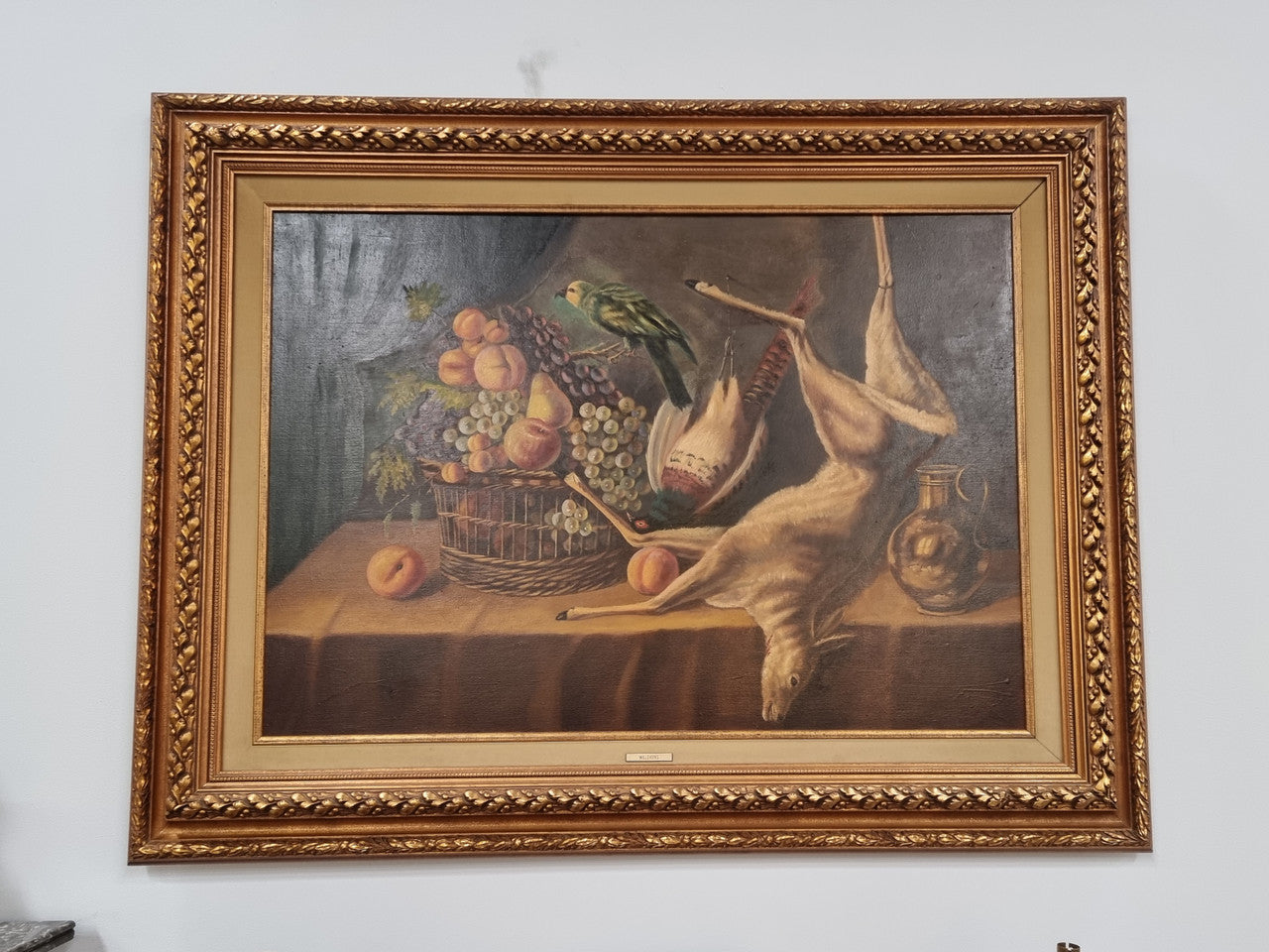 Sourced in France is the beautiful still life oil painting on canvas, of a bird, rabbit and deer. Framed in a beautiful ornate gilt frame and in good original condition.