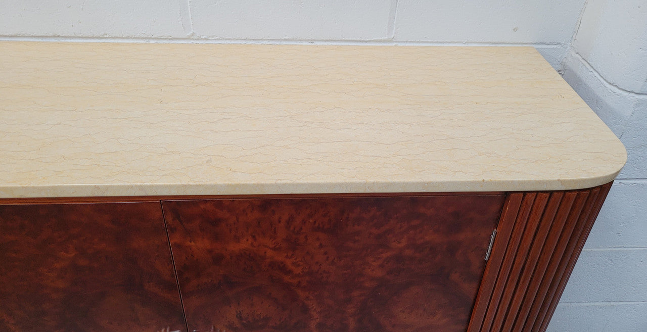 Beautiful Bespoke Art Deco style Walnut and Mahogany marble top buffet. In good original detailed condition.