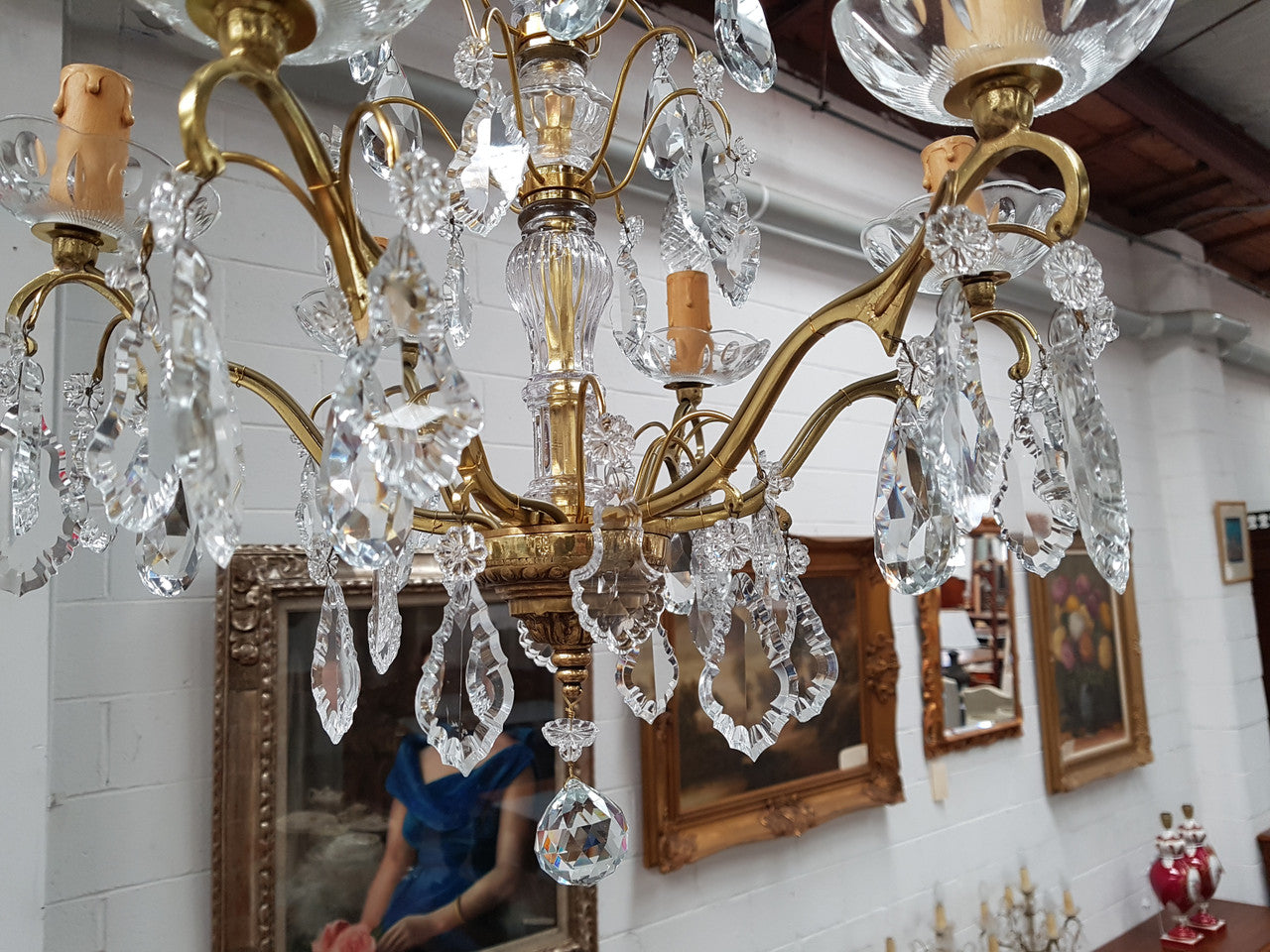 French Brass & Crystal Six Arm Candle Light Chandelier