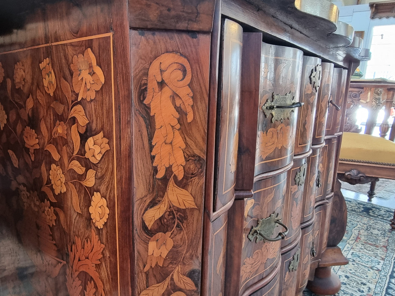 Very Fine highly decorative 18th century Dutch 3 drawer commode. It retains its original brass hardware and Escutcheons. In very good original detailed condition.