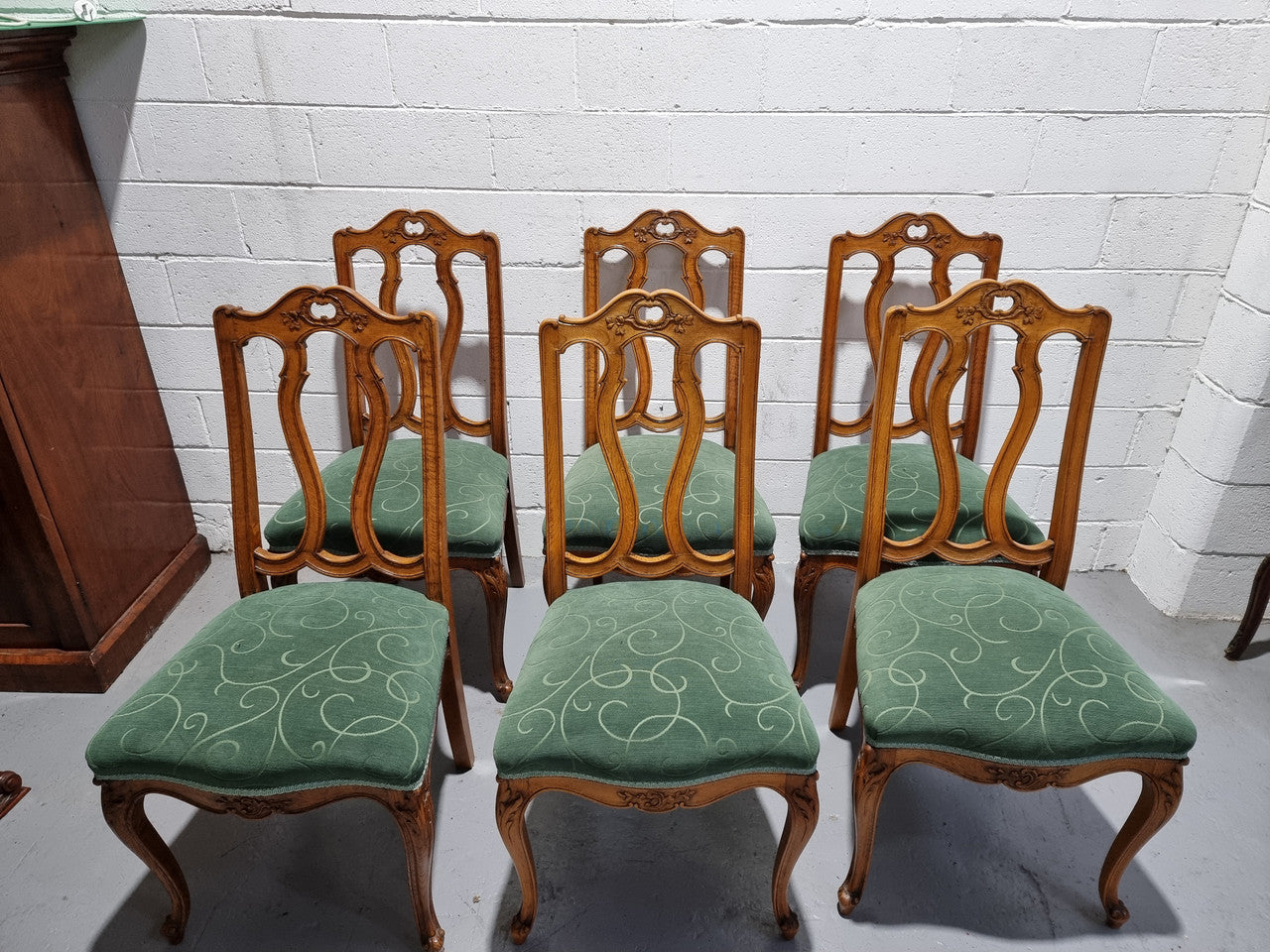 Set of six French style Oak decorative upholstered seat dining chairs. They are comfortable to sit in and are in good original condition, please view photos of fabric as the fabric is in good used condition.