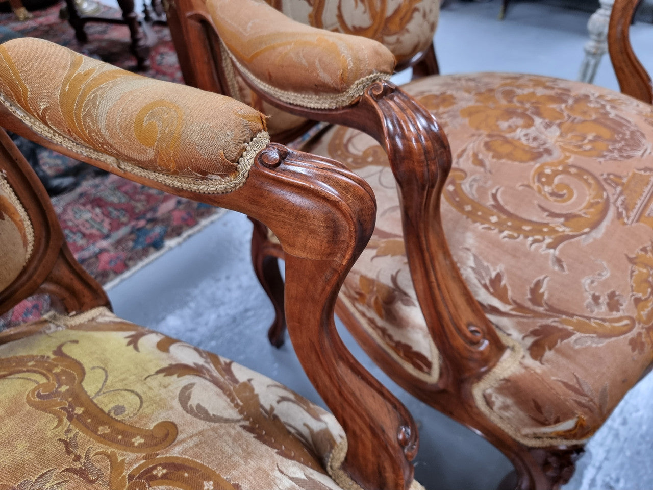 Pair of Amazing Louis XV Style Walnut & Tapestry Fauteuils