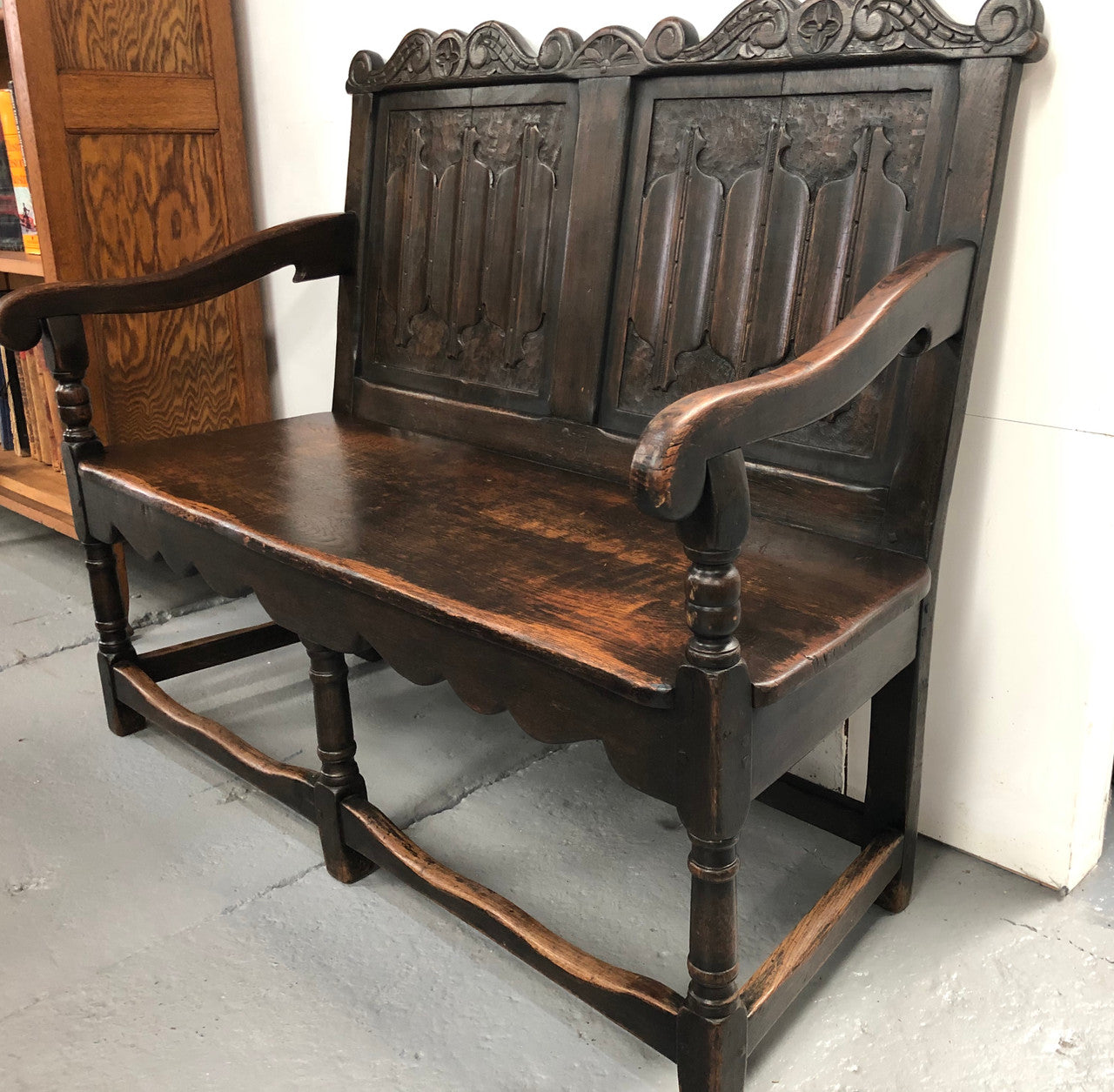 French 19th Century Oak hallway bench seat. Very comfortable to sit on and is in good original detailed condition.