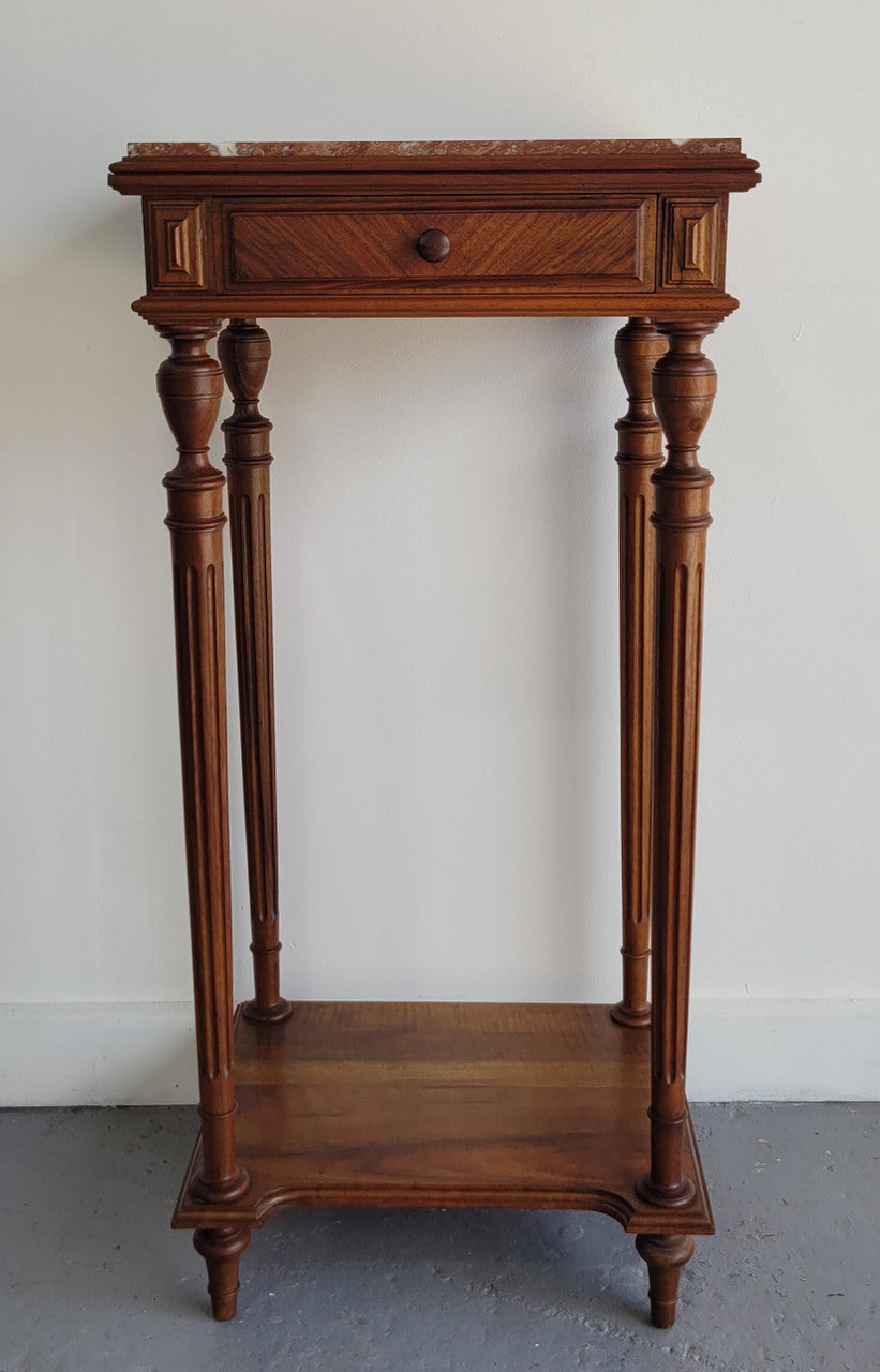 Louis XVI style Walnut lamp/side table with drawer and marble top. In good original detailed condition.