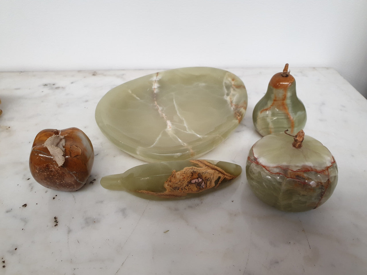 Unusual Alabaster Set Of Four Fruit On Plate