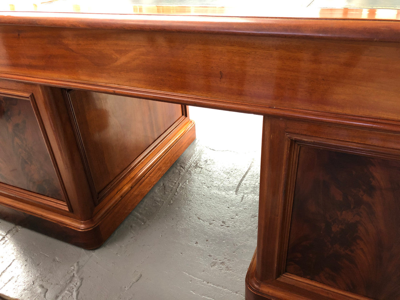 Antique French Mahogany and leather inset top double pedestal partners desk. Plenty of storage space with 9 long drawers on one side and space for someone to sit on the other side. In good restored condition. Circa 1880's.