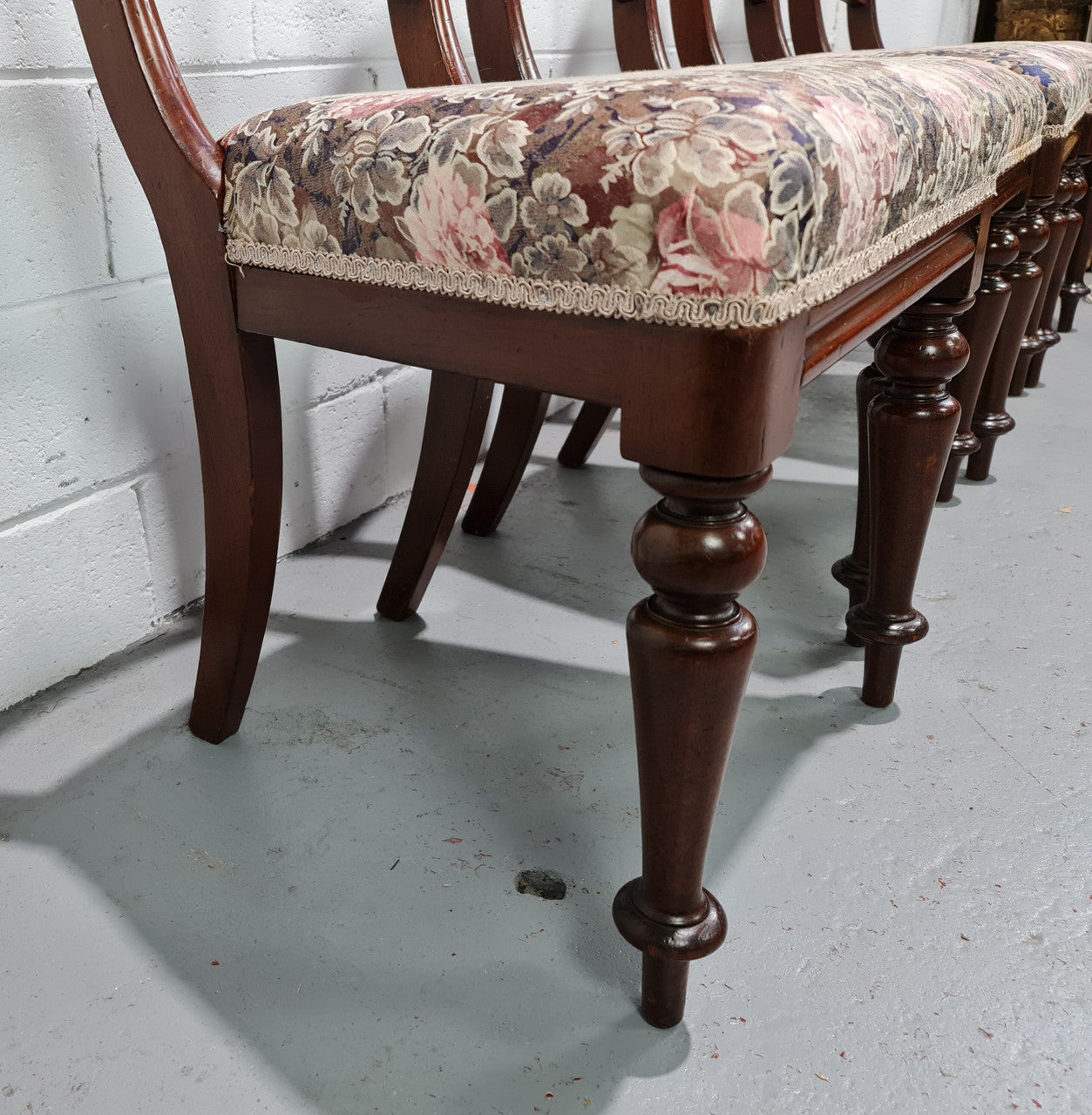 Set of Four Victorian upholstered cedar balloon back chairs. In good original detailewd condition, fabric is also in good used condition.