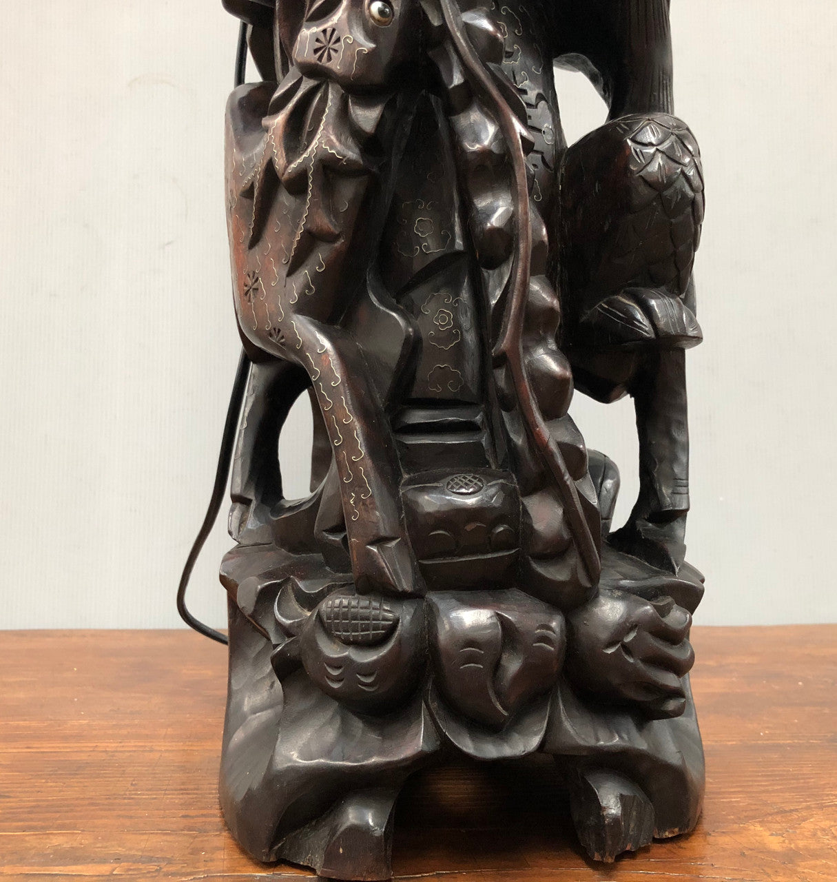 Antique Chinese hand carved Rosewood Immortal "Shou Xing" God of longevity lamp base. Profusely inlaid with brass cloisons. Meiji period Circa 1880.