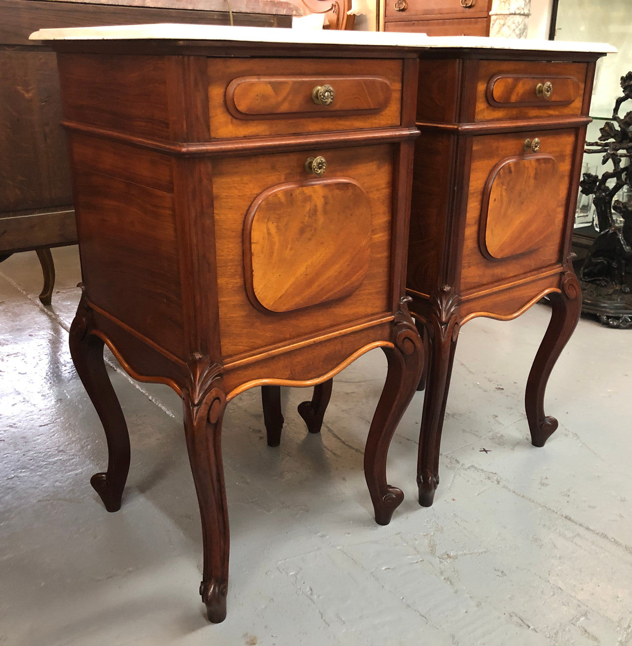 Pair Of White Marble Top Mahogany Bedside Cabinets