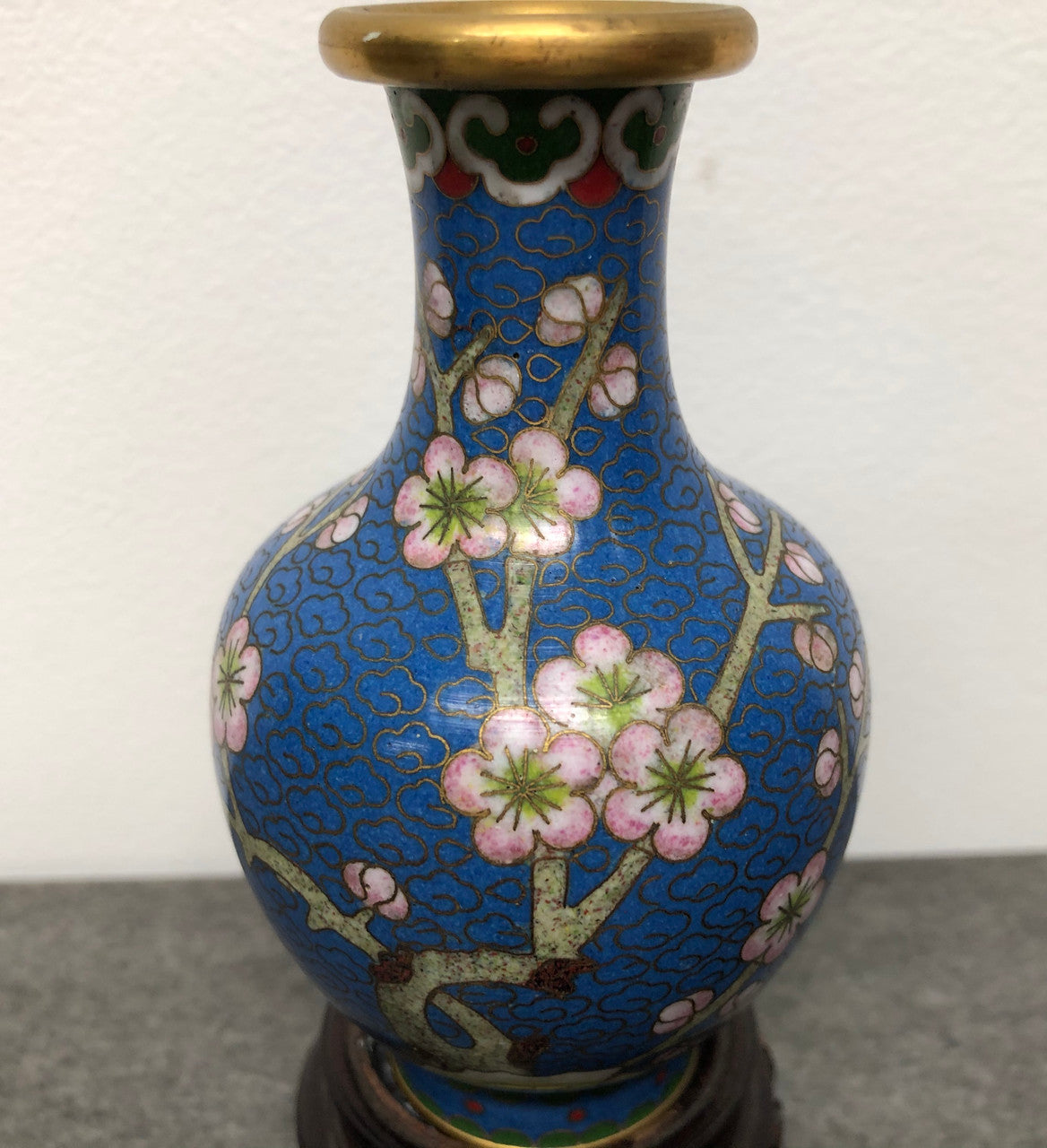 Small Blue Cloisonné Vase On Carved Stand