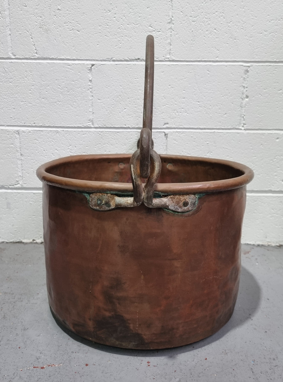 Antique French Copper firewood handled bucket. It is in good original detailed condition.