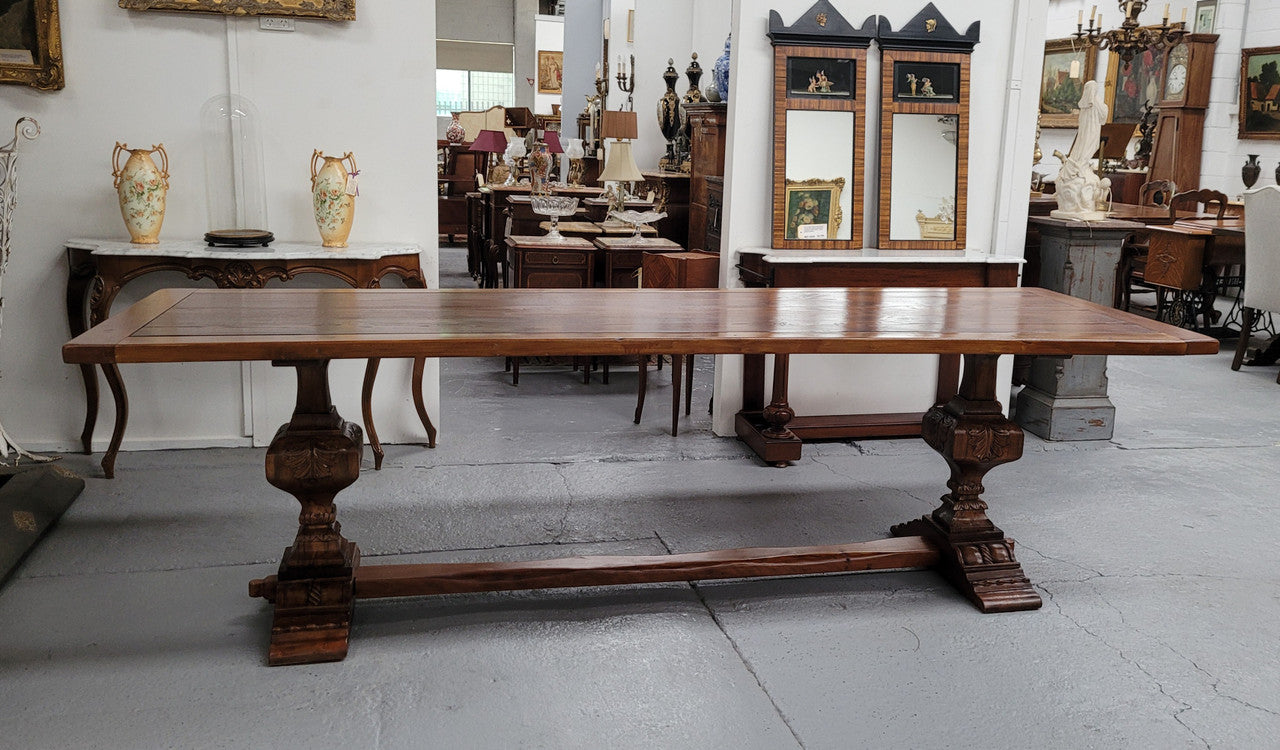 French style reclaimed Elm Farmhouse table with stretcher base and amazing carving underneath. Table can sit 10-12 people and is in good original detailed condition.