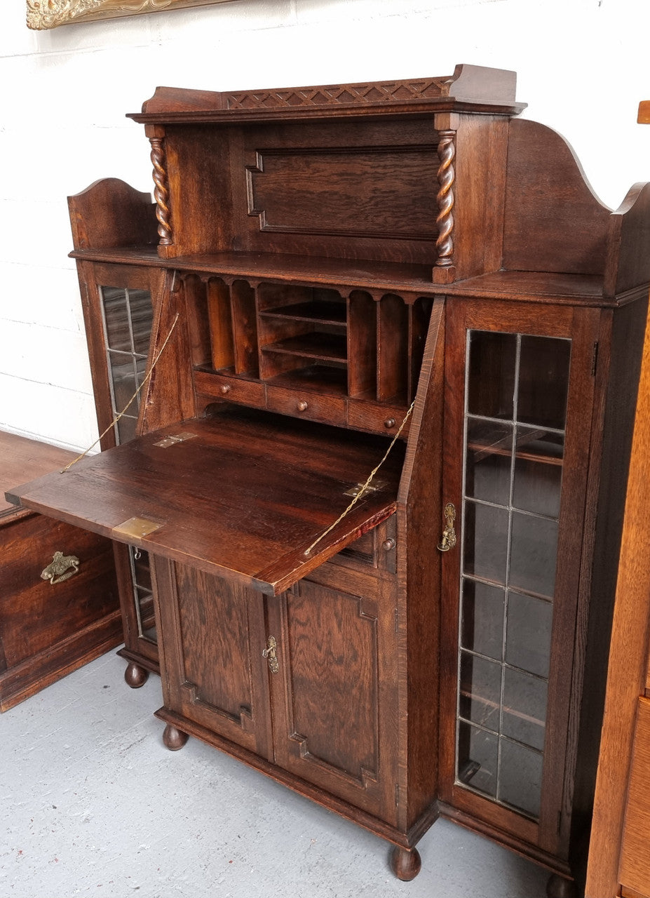 Oak Tudor Style Secretaire Bookcase With Leadlight Doors