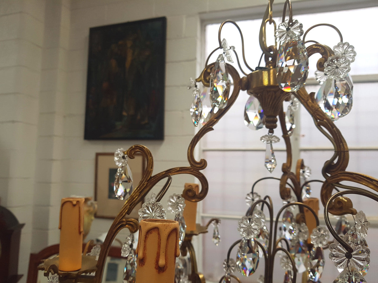 French Brass & Crystal Six Arm Candle Light Chandelier