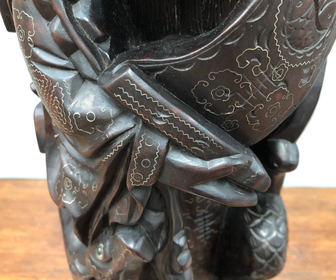 Antique Chinese hand carved Rosewood Immortal "Shou Xing" God of longevity lamp base. Profusely inlaid with brass cloisons. Meiji period Circa 1880.