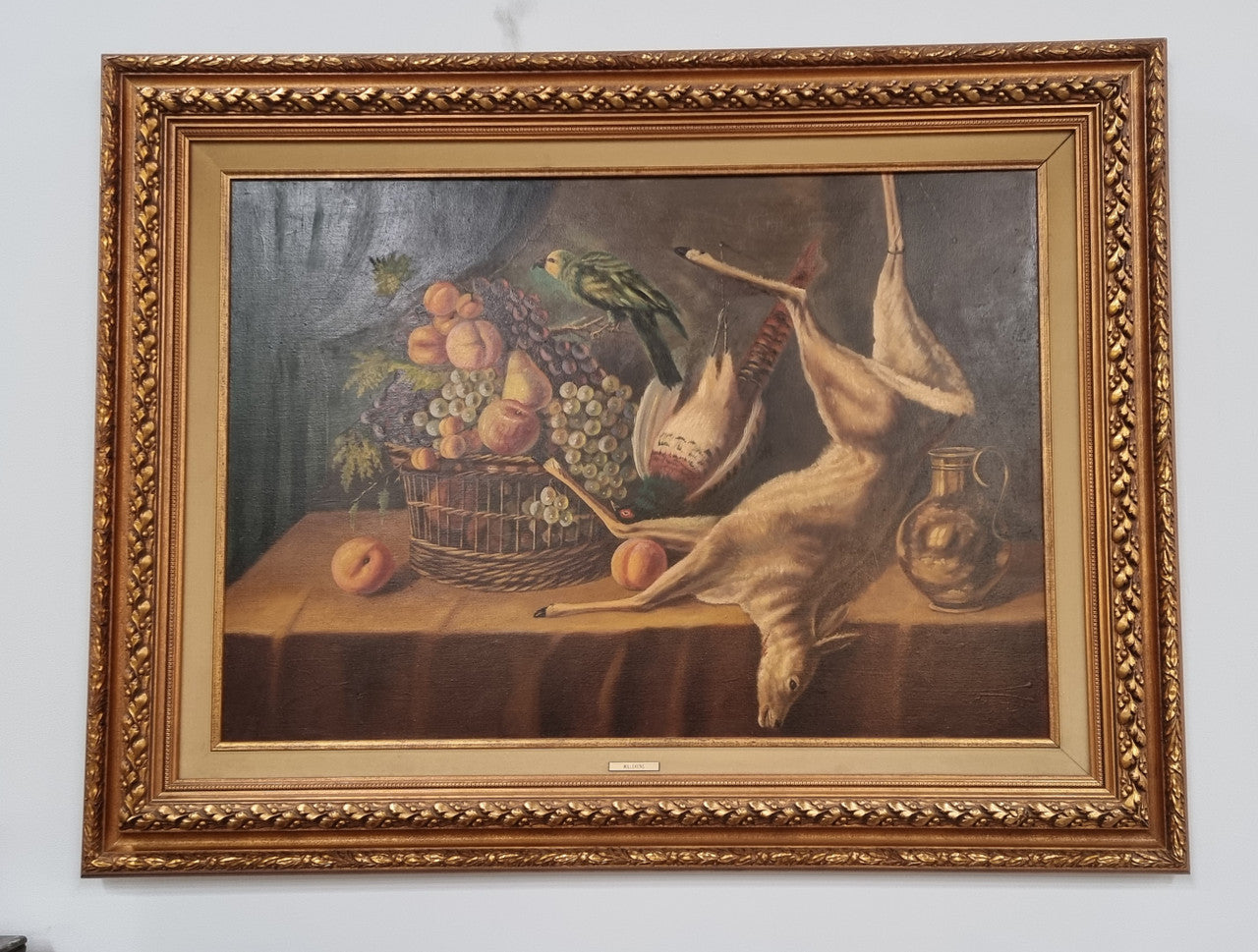 Sourced in France is the beautiful still life oil painting on canvas, of a bird, rabbit and deer. Framed in a beautiful ornate gilt frame and in good original condition.