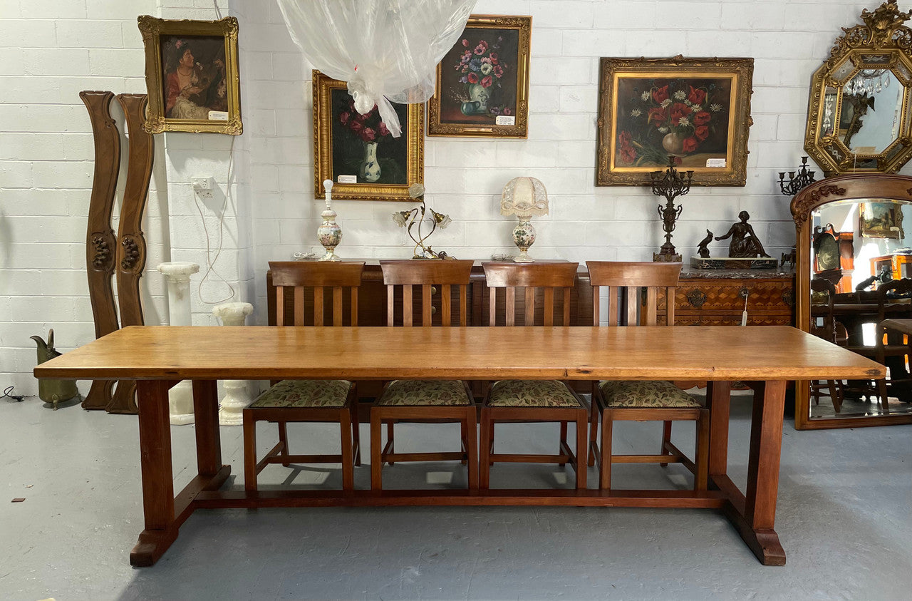 Rare 19th Century French Mahogany 3.1 m pedestal farmhouse table. It has an original wax finish and is in good original detailed condition.