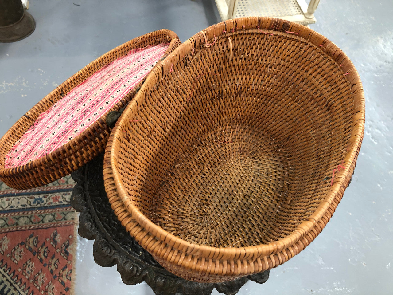 Beautiful Antique Cane Basket With Metal Handles & Latch