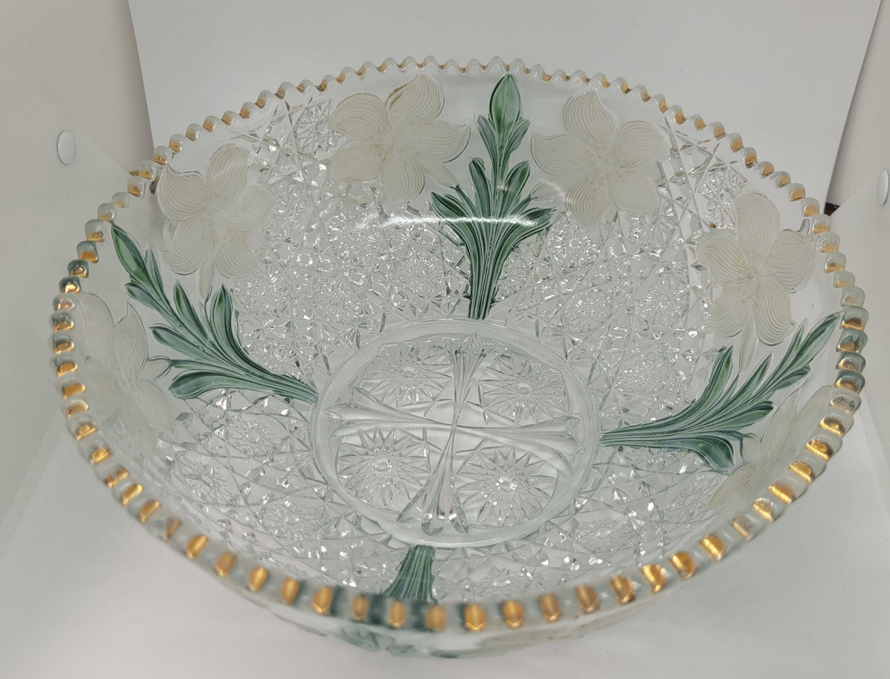 Beautiful unusual Edwardian glass bowl with hand painted features. It is in good original condition with some minor chips, please view photos has they help form part of the description.