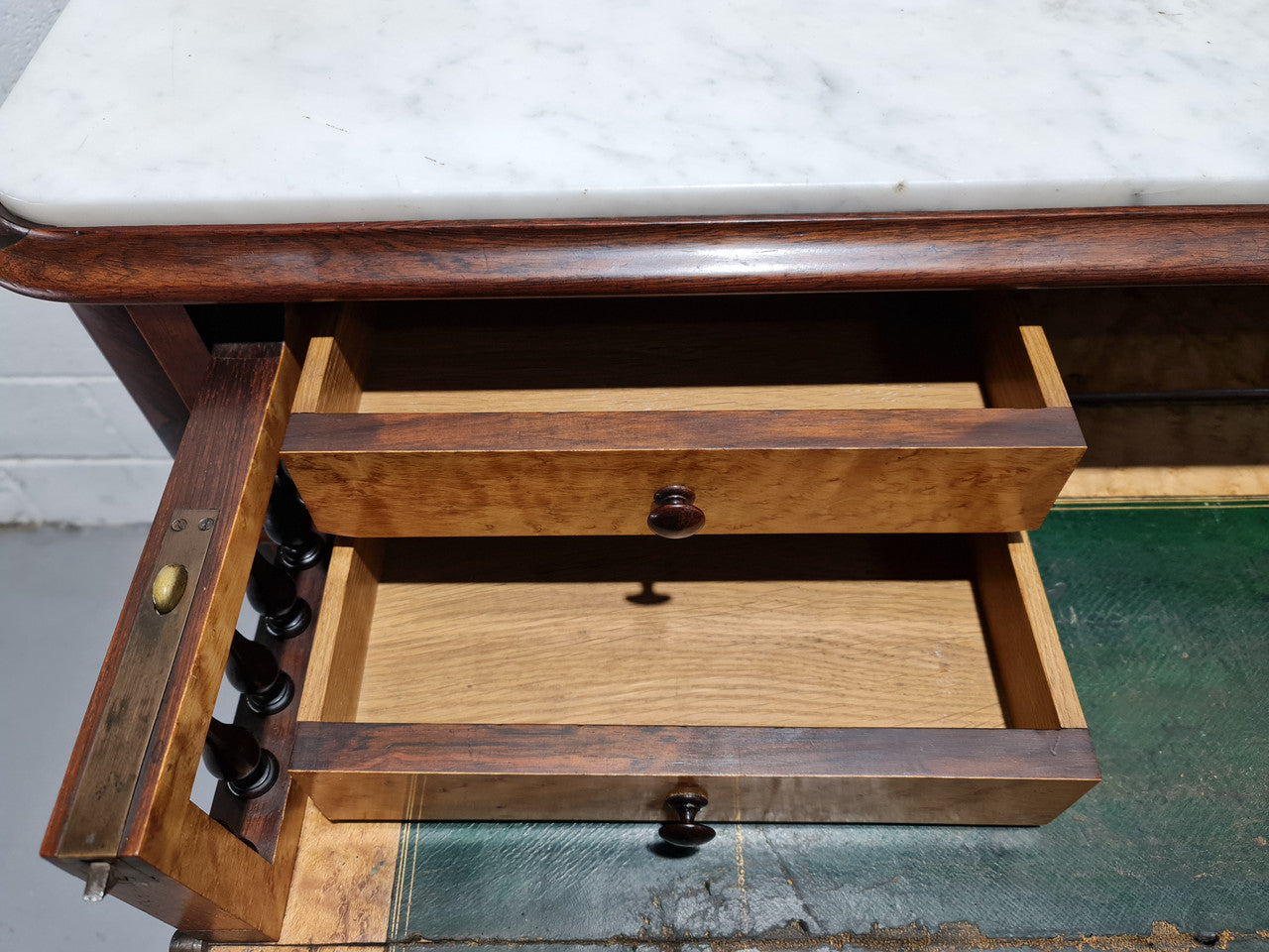 Stunning Rosewood Marble Topped Secretaire with two cupboards. Cupboards open to three fitted drawers and an additional secret drawer beneath the cupboard. All sitting on lovely carved legs and decorated with ormolu mounts. Circa: 1860. In good original detailed condition.