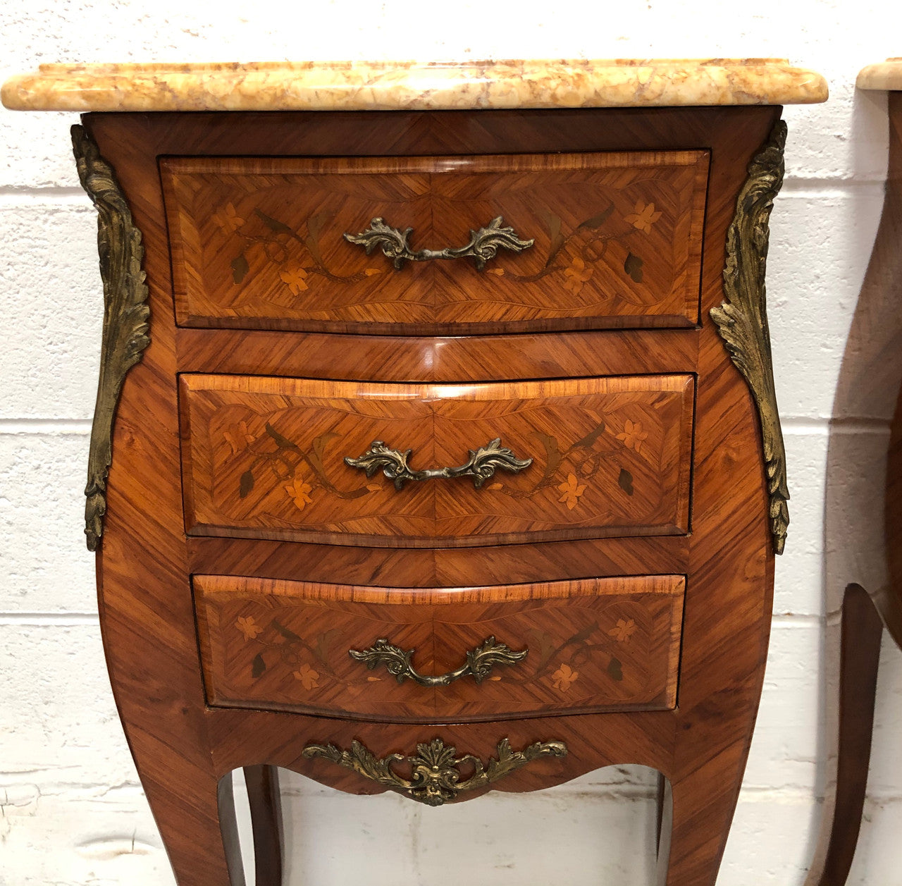 Pair of French Louis XV Style Marquetry Inlaid Marble Top Bedsides