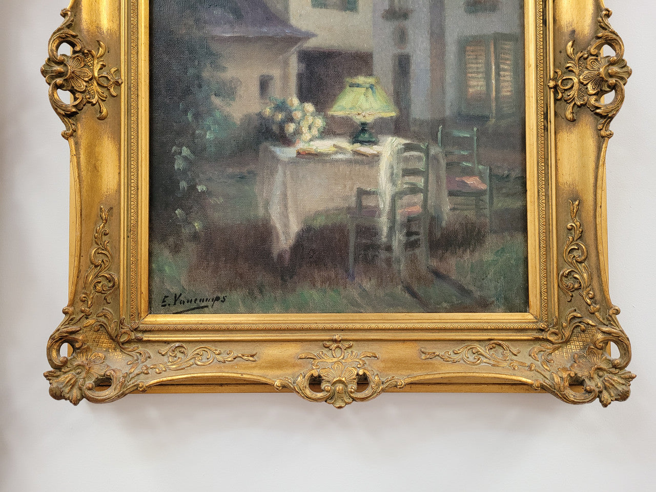 French Antique gilt oil on canvas "Garden Scene". It is signed and is in good original detailed condition.