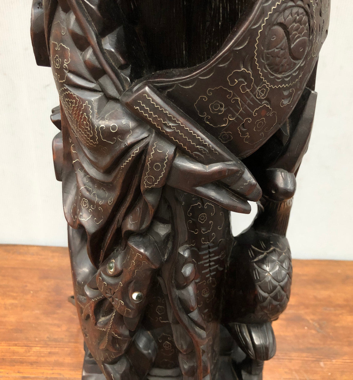 Antique Chinese hand carved Rosewood Immortal "Shou Xing" God of longevity lamp base. Profusely inlaid with brass cloisons. Meiji period Circa 1880.