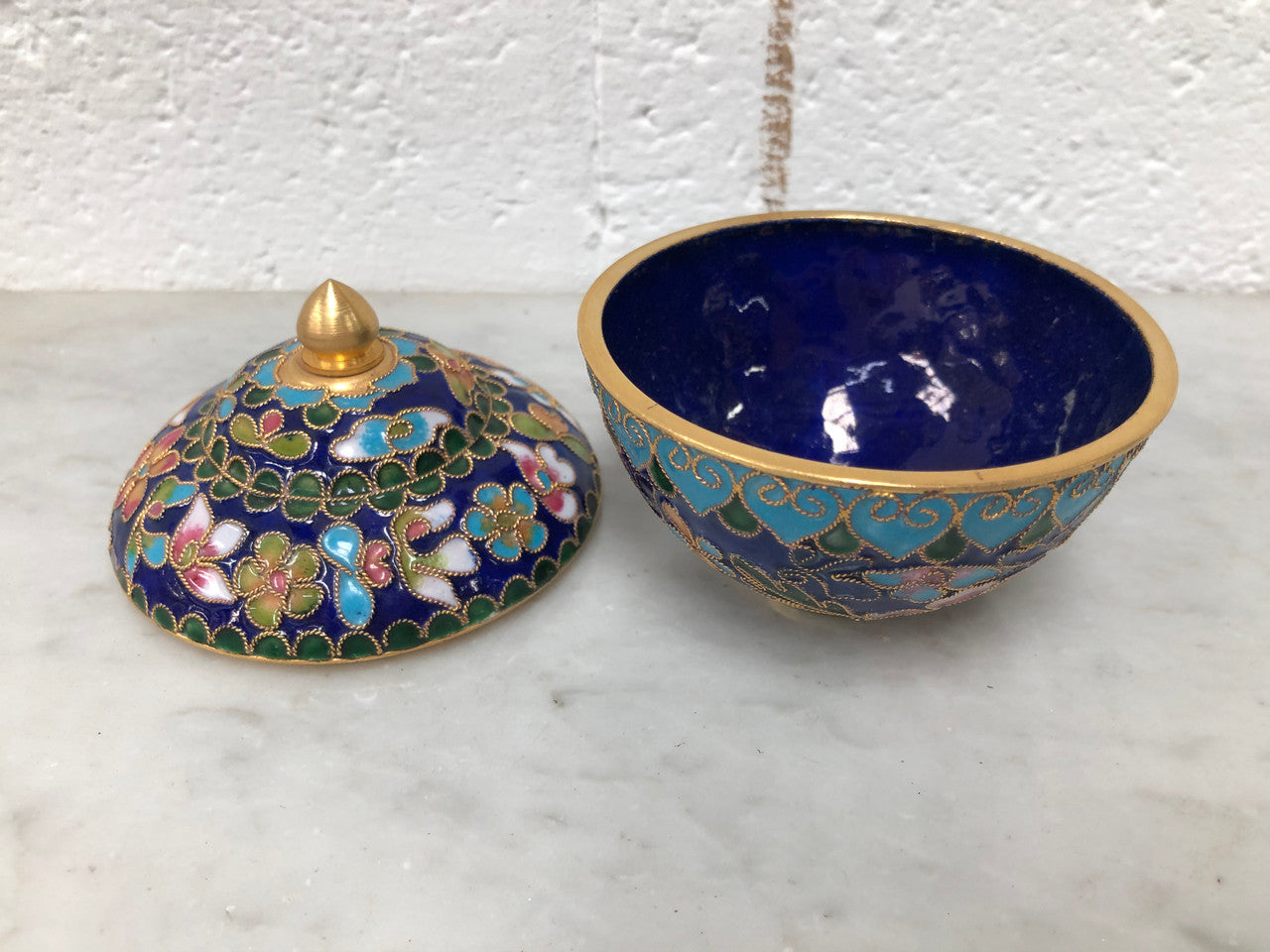 Very good quality Vintage Champleve enamel lidded bowl. In good original condition.