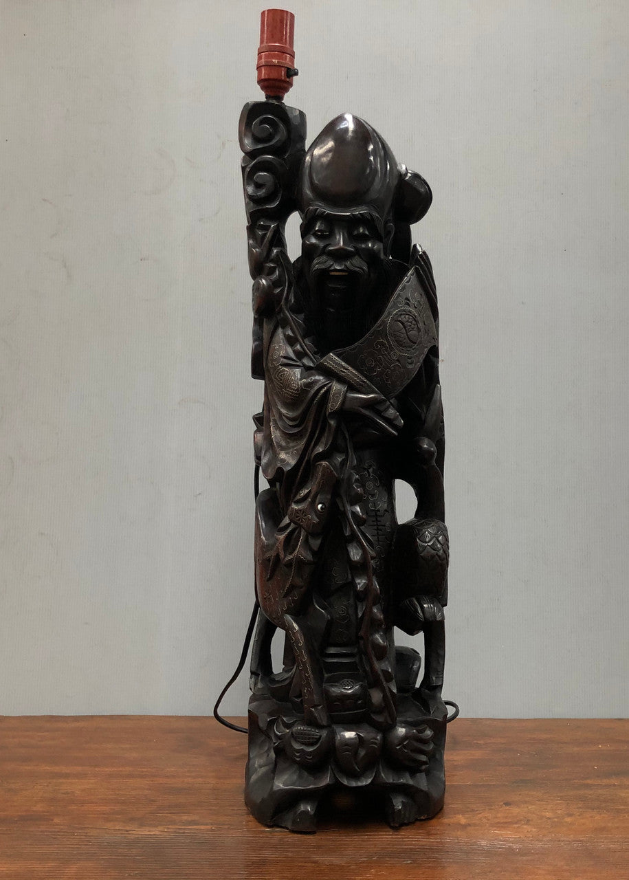 Antique Chinese hand carved Rosewood Immortal "Shou Xing" God of longevity lamp base. Profusely inlaid with brass cloisons. Meiji period Circa 1880.