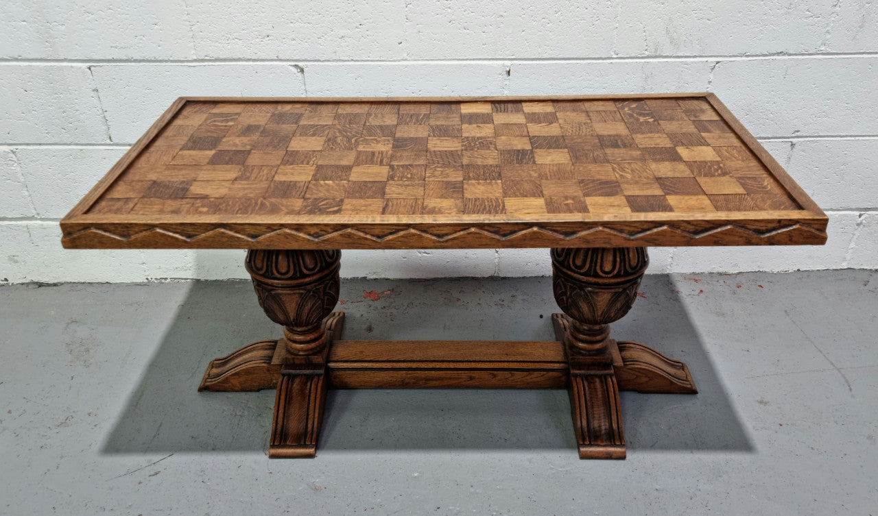 Amazing French Oak solid parquetry top coffee table. Great size and in very good original detailed condition.