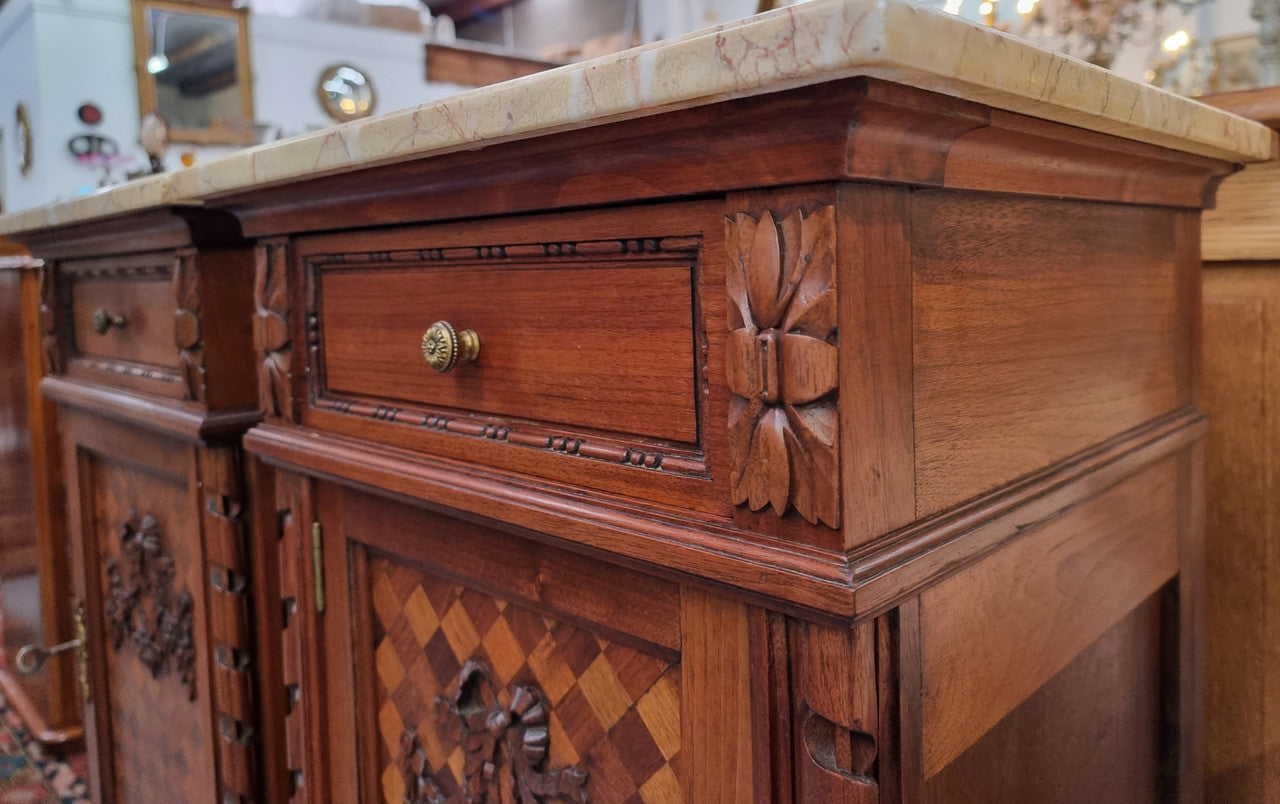 Impressive Pair of Walnut Parquetry Inlaid Henry II Style Marble Top Bedside Cabinets
