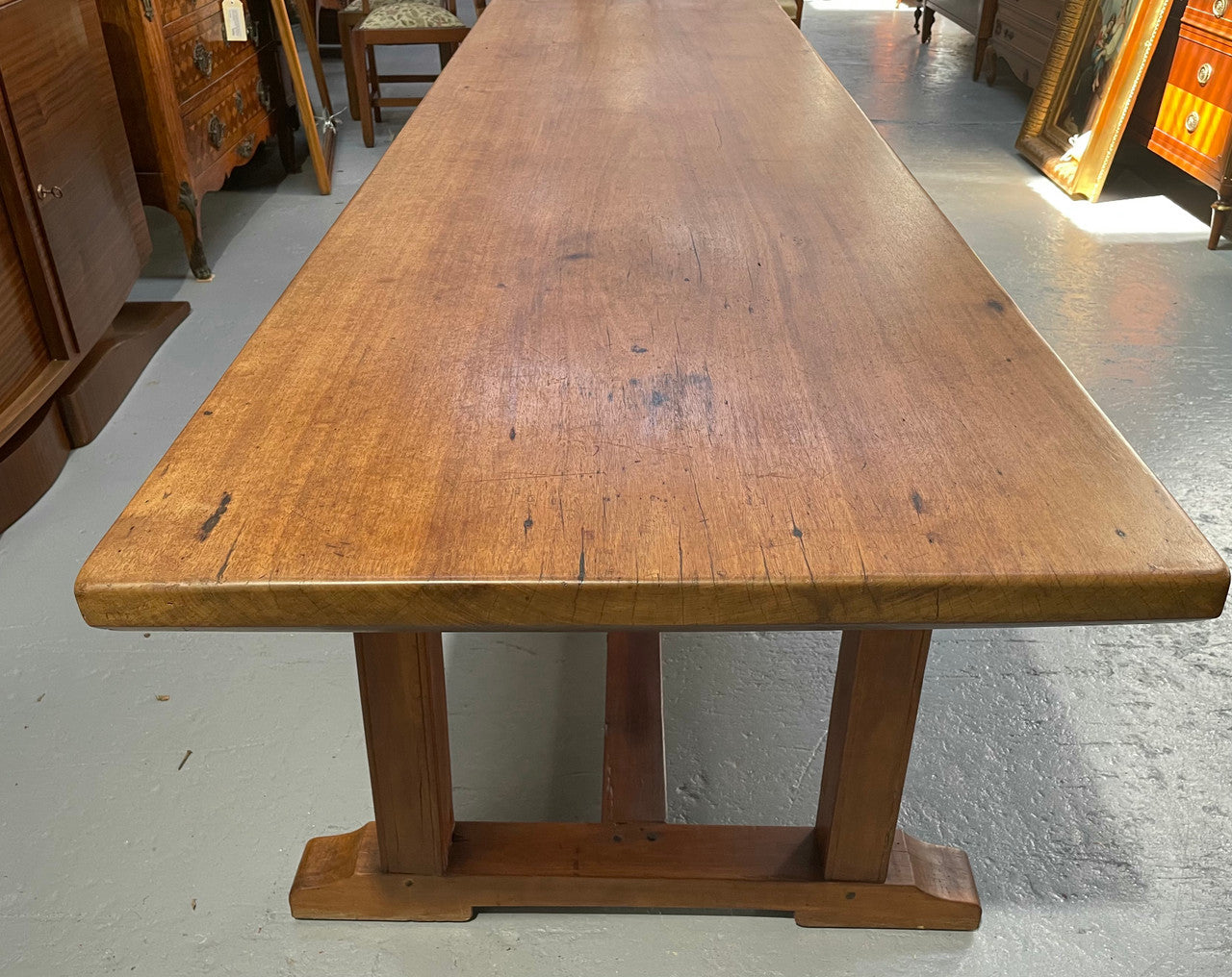 Rare 19th Century French Mahogany 3.1 m pedestal farmhouse table. It has an original wax finish and is in good original detailed condition.