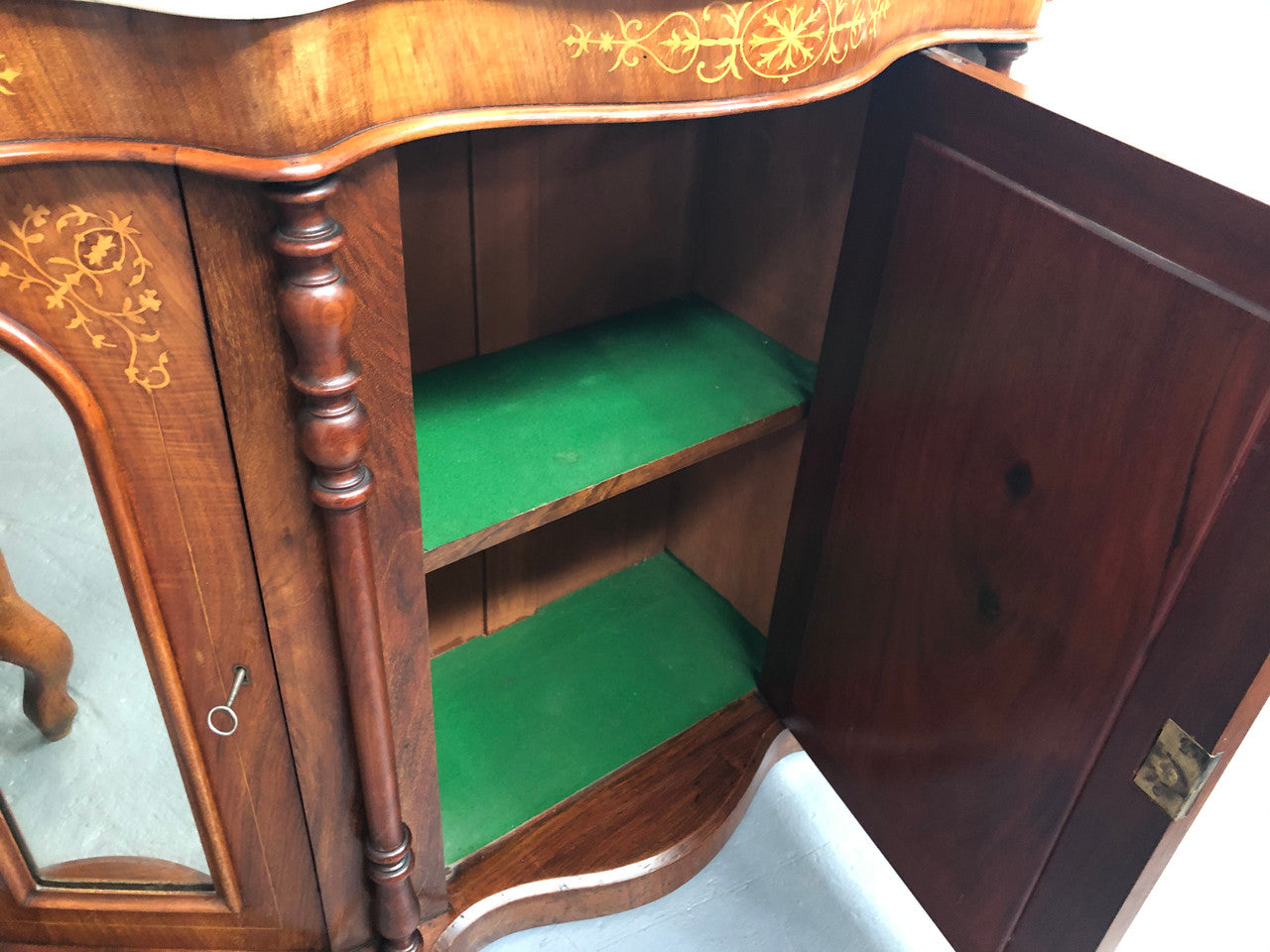 Petite Victorian Marble Top Sideboard-Credenza With Beautiful Marquetry Inlay