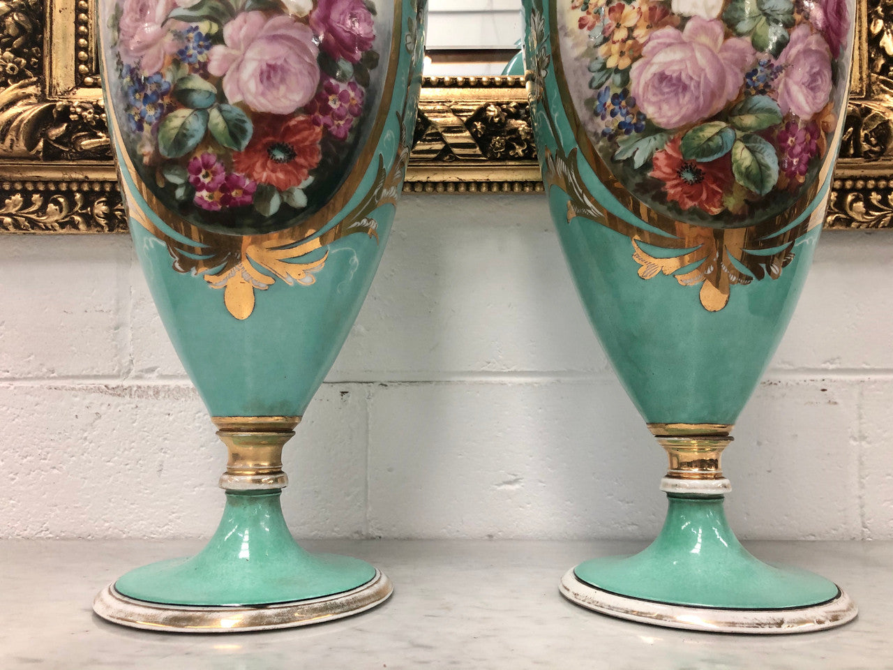 Pair of Antique French Limoges hand painted vases. Marked WG & Co (W Guerin & Co France Limoges) Circa 1900.