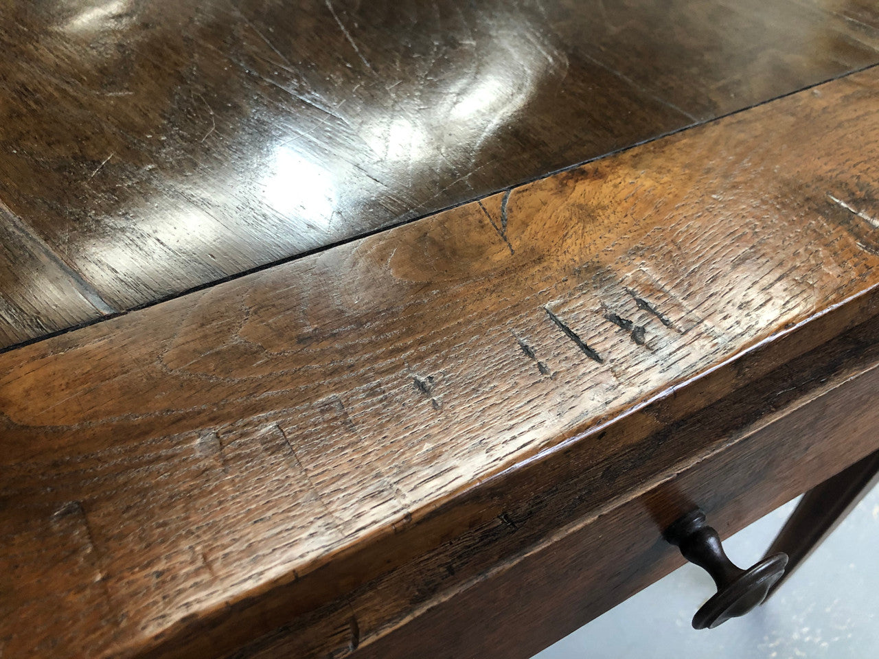 French Elm & Oak Farmhouse Table With Tapered Legs & Drawers