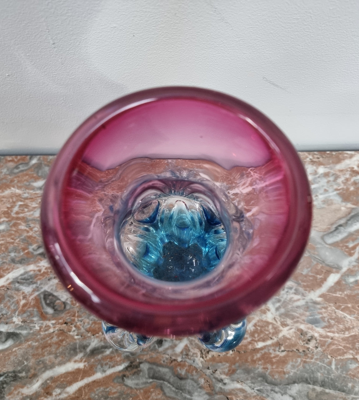 Vintage “Murano” hand made blue and cranberry glass vase. In excellent condition.