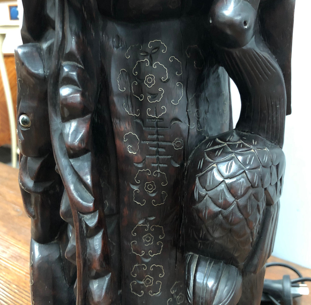Antique Chinese hand carved Rosewood Immortal "Shou Xing" God of longevity lamp base. Profusely inlaid with brass cloisons. Meiji period Circa 1880.
