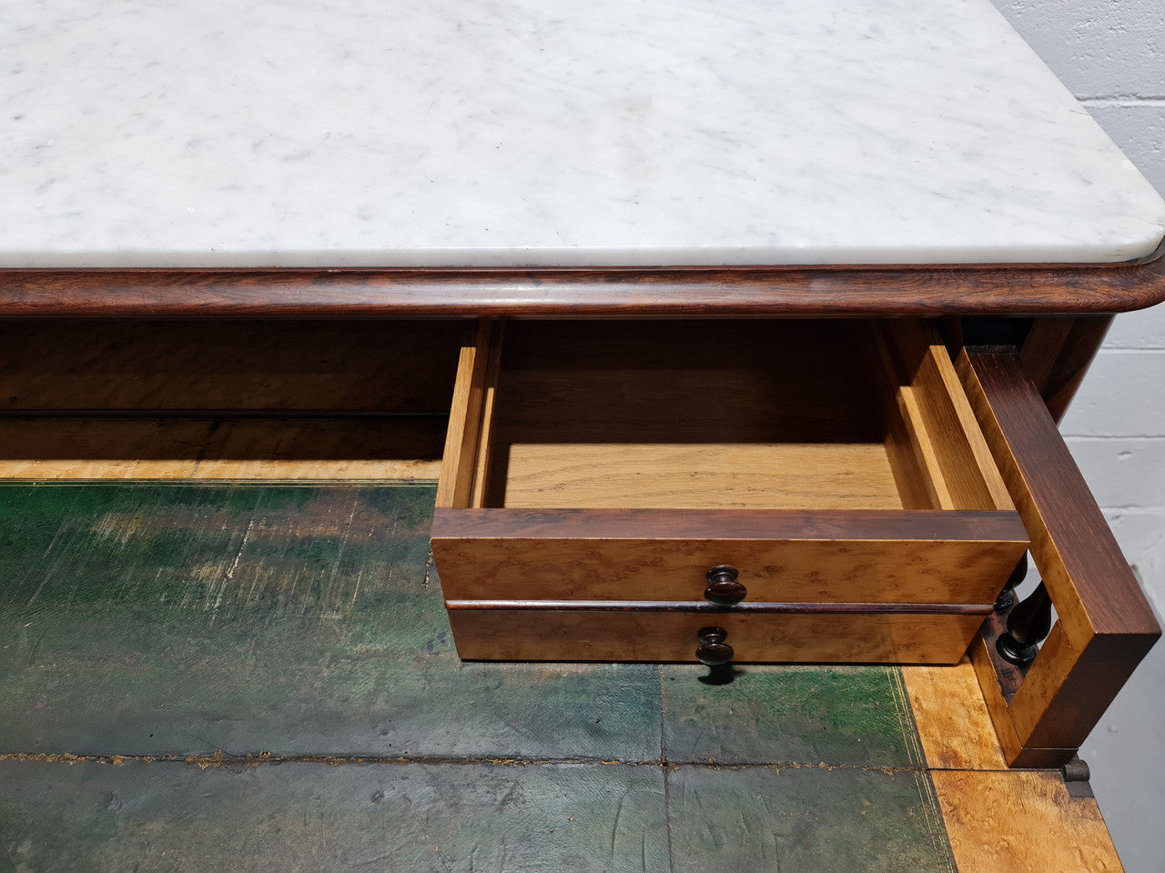 Stunning Rosewood Marble Topped Secretaire with two cupboards. Cupboards open to three fitted drawers and an additional secret drawer beneath the cupboard. All sitting on lovely carved legs and decorated with ormolu mounts. Circa: 1860. In good original detailed condition.