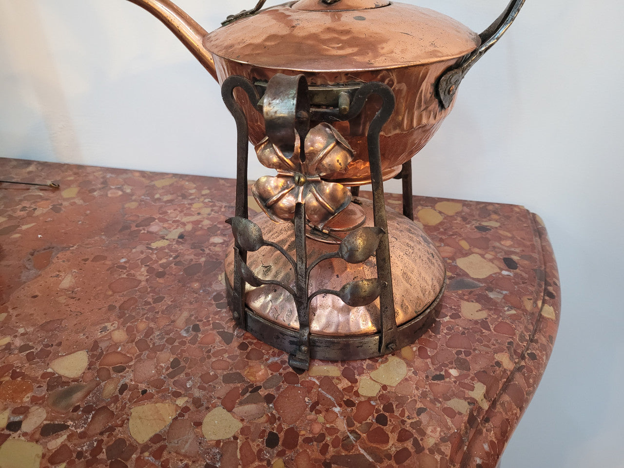 Art Nouveau style rustic Copper kettle on stand. Decorative only.